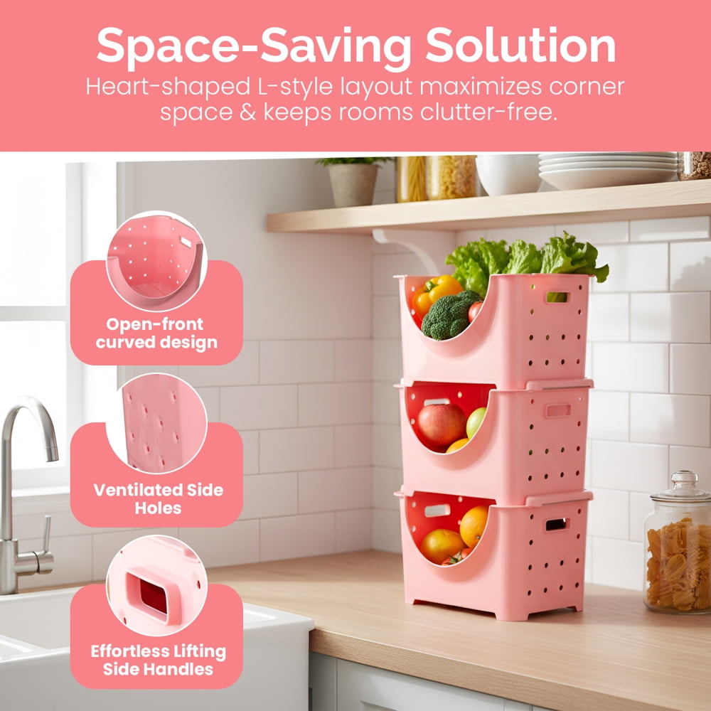 "Stackable Plastic Storage Container, Pink Stacking Bins"