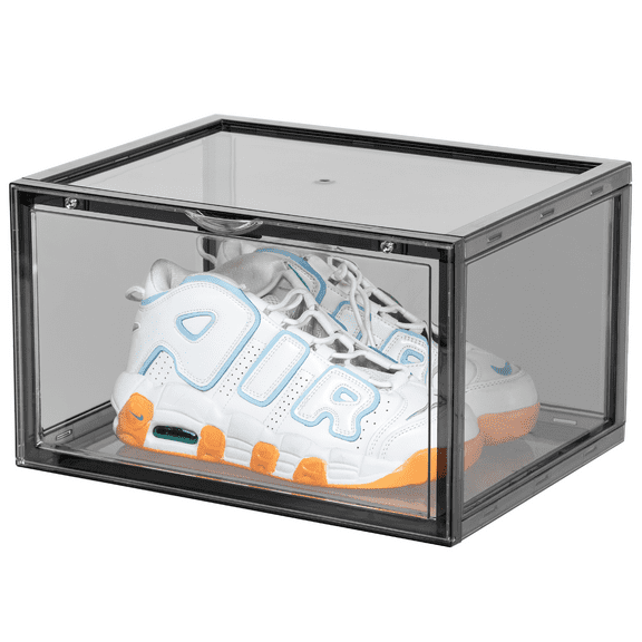 SpaceCrafters Shoe Storage Boxes, Stackable, Plastic, Magnetic Side Opening Shoe Organizer, Space-Saving, Black