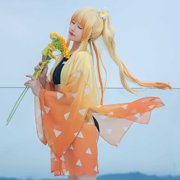 Miccostumes Women Two Piece Beach Swimsuit Anime Bathing Suit Lace Up Swimwear Set with Orange Sheer Kimono Haori Cover up, M