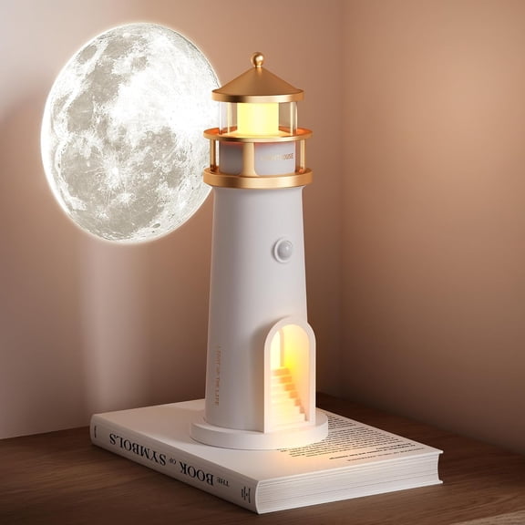 Lzyawe LED Cordless Night Lights Set of 1,Wireless Portable Motion Sensor Moon Lighthouse Lamp, Rechargable Battery Powered Table Lamps for Kids,Children,Gifts,Bedroom,Nursery, Decor,9.6 inch-0115