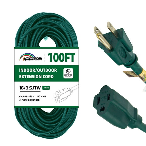 Honderson 100 Ft Outdoor Extension Cord-16/3 Sjtw Durable Green Extension Cable With 3 Prong Grounded Plug For Safety