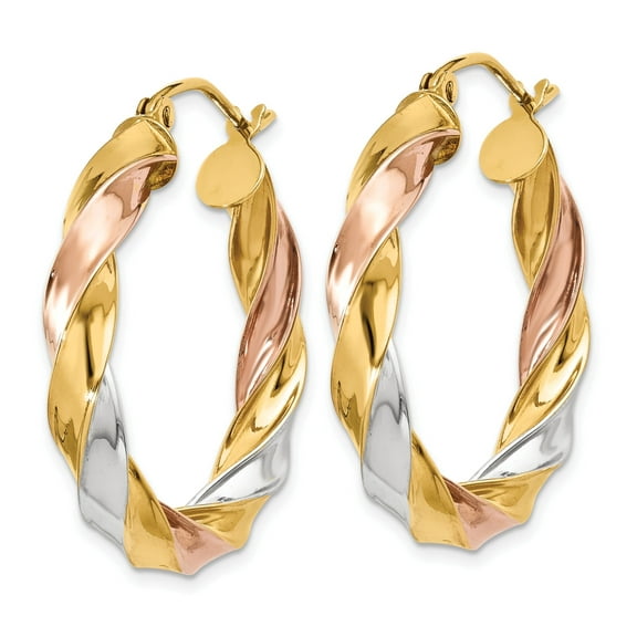 Twisted Hoop Earrings for Women in 10K Light Tri-Color Gold with Wire & Clutch Closure
