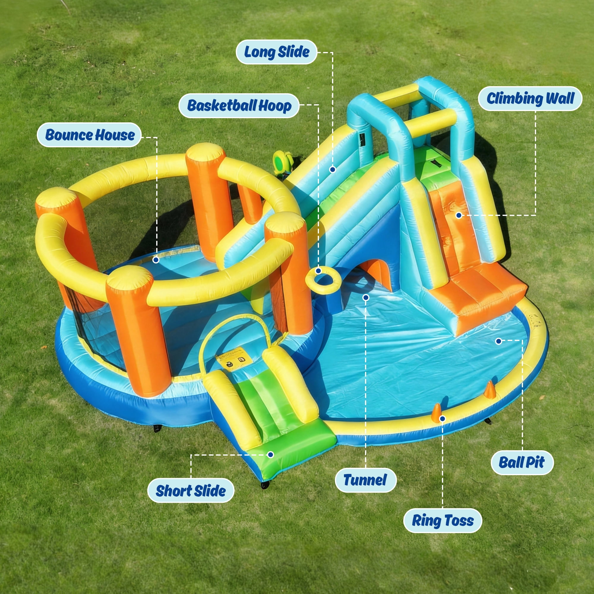 SaveJoy Large 8-in-1 Inflatable Bounce House, 173''x147''x83'', 450W Blower, Jumping Castle for Kids 3-8, Indoor & Outdoor Use