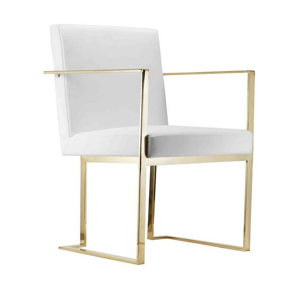 Benjara Boly 22 Inch Dining Side Armchair, White Faux Leather, Gold Steel Frame