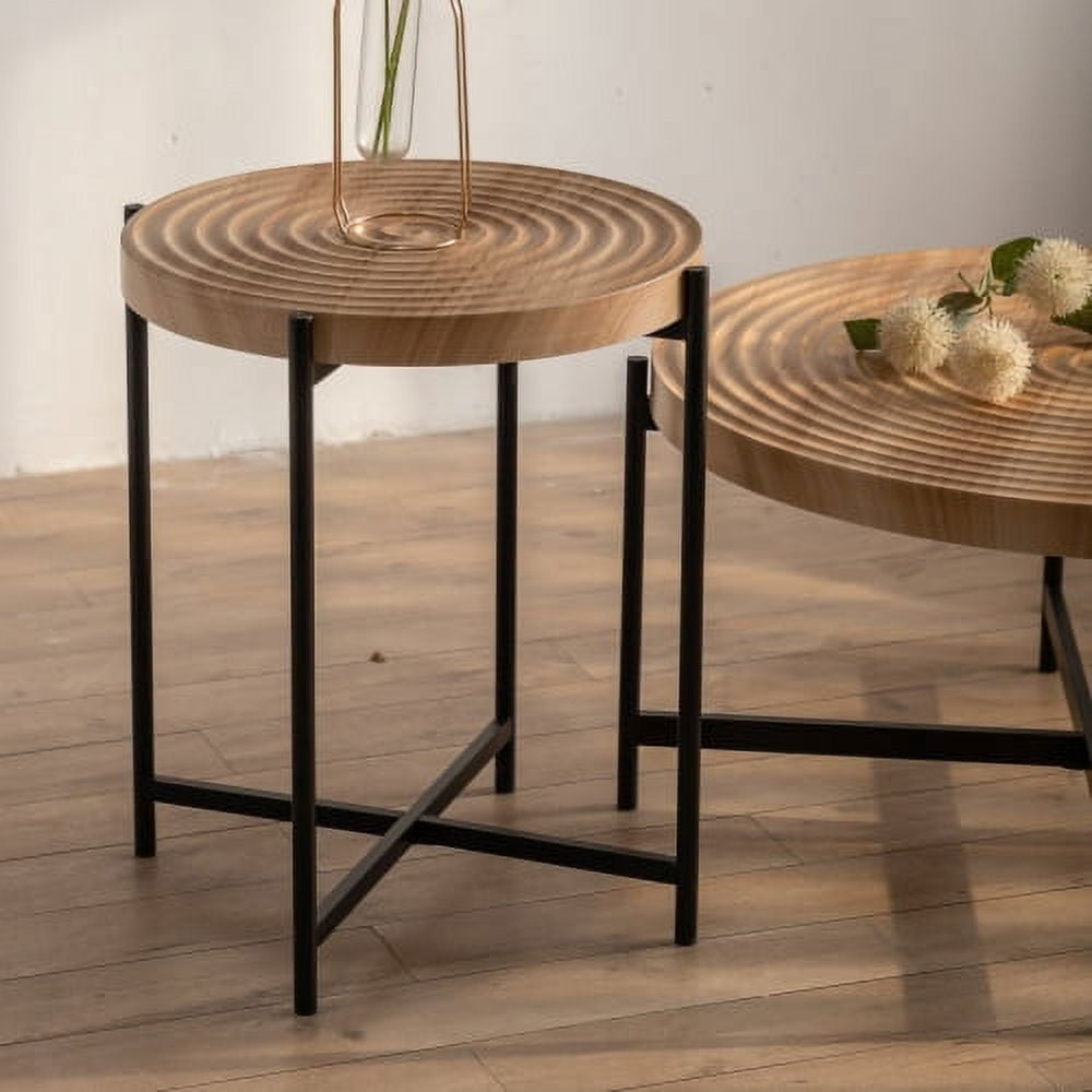 BSHTI Modern Thread Design Round Coffee Table,MDF Table Top with Cross Legs Metal Base(Set of 2 pcs )