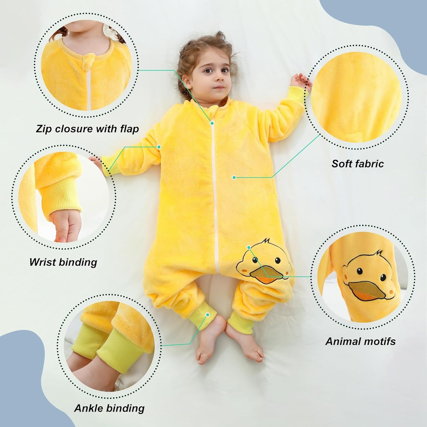 WIBACKER 6M-6Y Baby Warm Flannel Sleeping Bag, Infant Sleepsuit, Kids Toddler Boys Girls Long Sleeve Double Zipper Wearable Sleep Sack - Duck