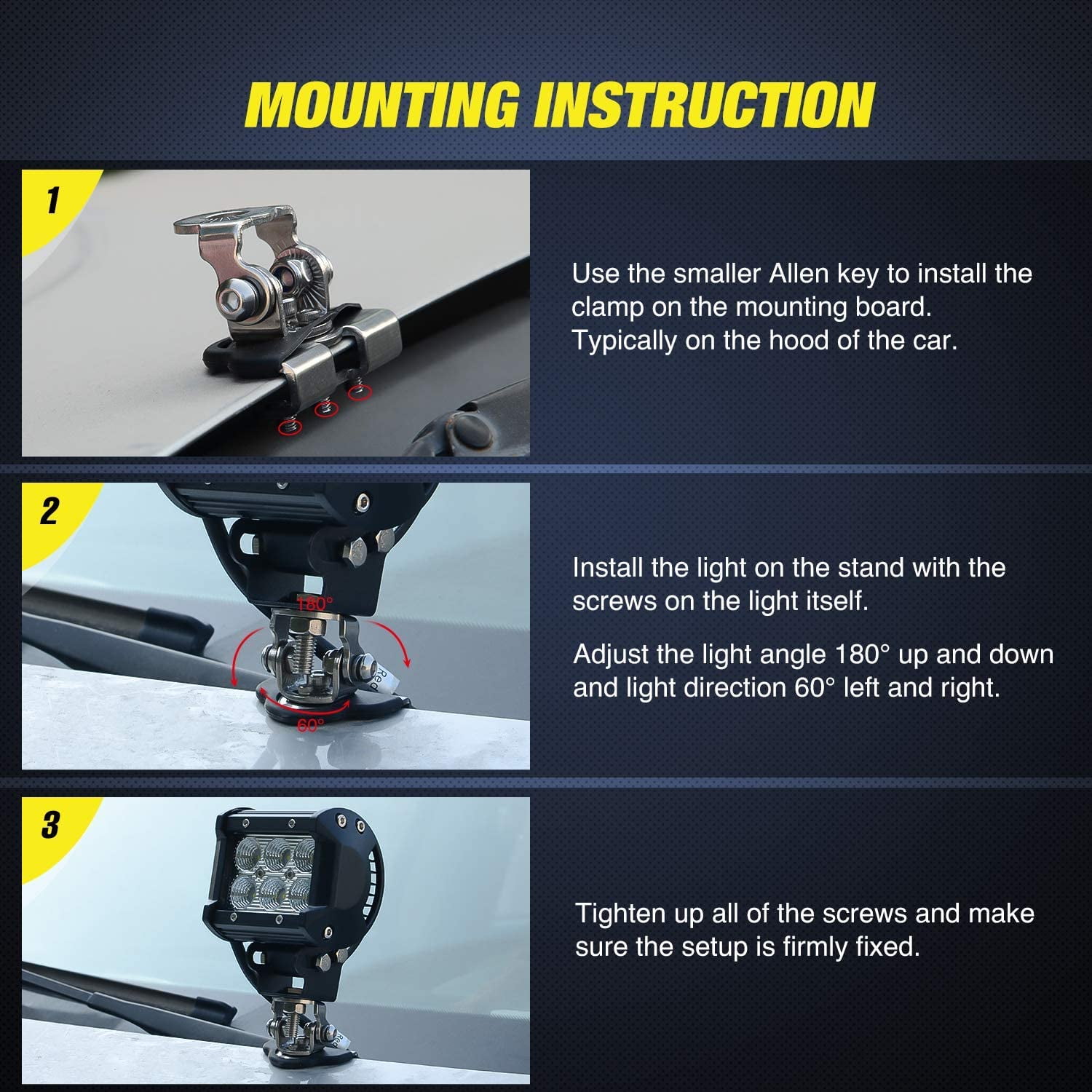 Nilight 2PC 4Inch Triple Row Lights 60W Flood Spot Combo 6000LM Bar Driving Boat Led Off Road Trucks with Adjustable Pillar Hood Mount Bracket Clamp Holder and Wiring Harness Kit