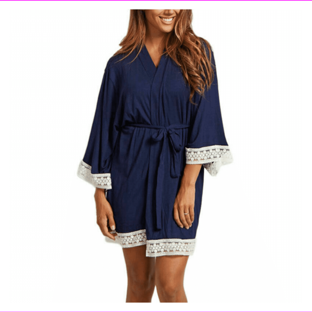 Suzanie Women's Short Soft Maternity Robes Kimono Bathrobe Labor Delivery Nursing Gown Lace Pregnancy Nightgown with Pockets 