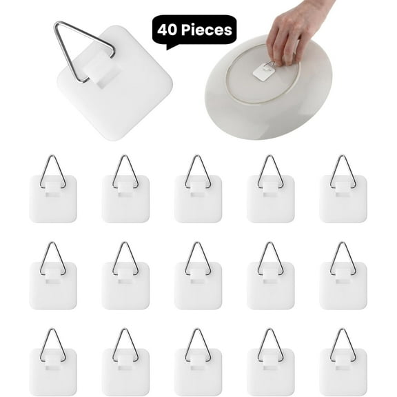 LQQBOX 40 Pcs Adhesive Picture Hanger Foamboard Picture Hanging Hooks Without Nails Plastic Sticky Photo Hooks for Home Wall Art Photo Frame Bathroom Closet (Square)