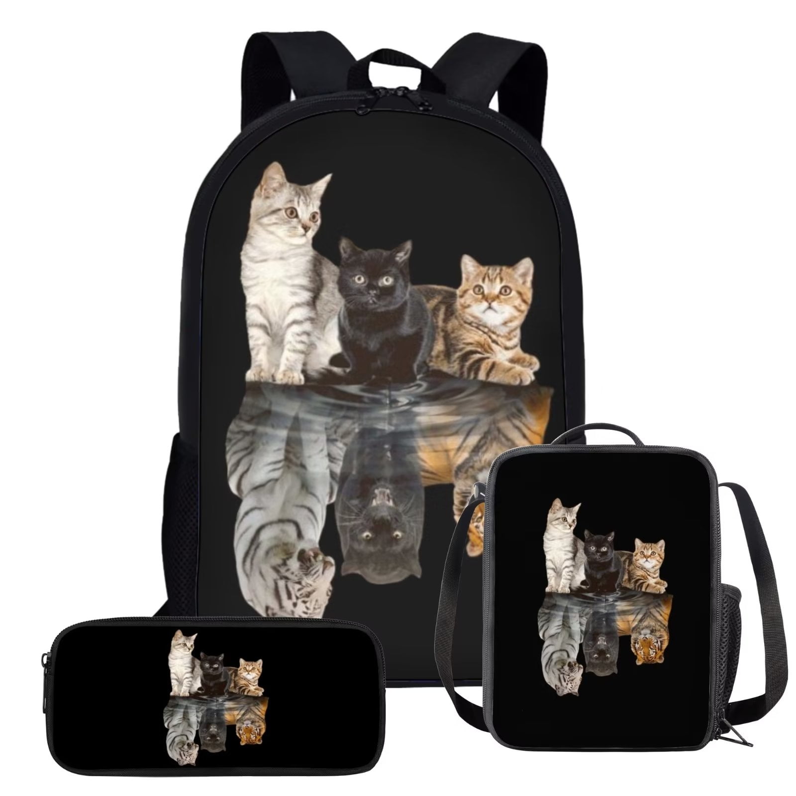 Binienty Cat School Backpack for Boys Girls Casual Daypack Cat Reflection Tiger Lunch Box Pencil