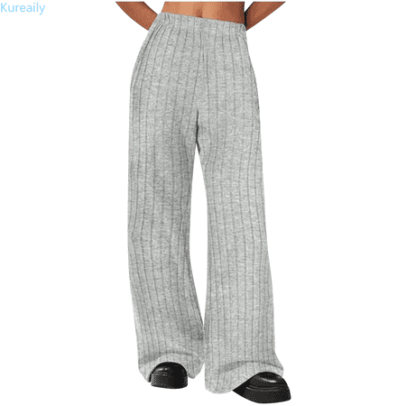 Kureaily Ribbed Wide Leg Pants With Pockets Casual Relaxed Comfy Loose Soft Knit Pajama Pants Work Casual Pants