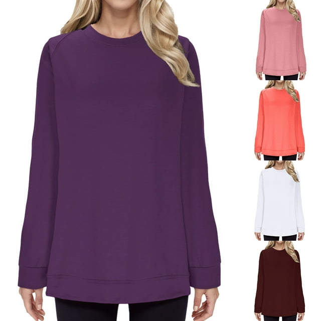 NJDVHB Économies d'Automne Hiver! Hauts pour Femmes Tendance, Chandail en Molleton pour Femmes, Hauts d'Automne pour Dames, Chandails en Molleton Sans Capuche à Manches Longues, Col Rond, Ample, Vin, TTTG