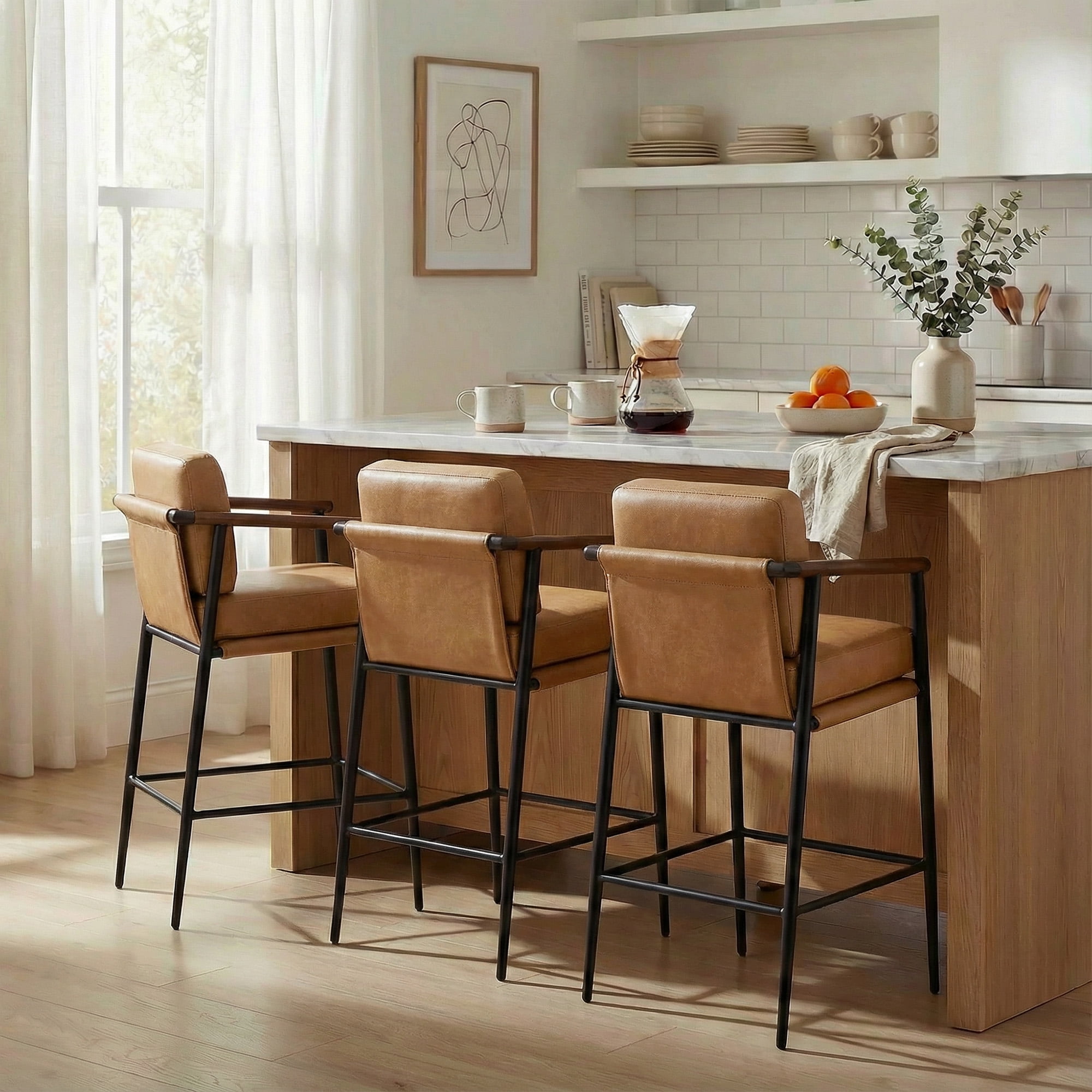 Spruce & Spring Mid-Century Modern Counter Stool Set with Wood Armrests and Cushioned Sling Seat Set of 2, Cognac Faux Leather