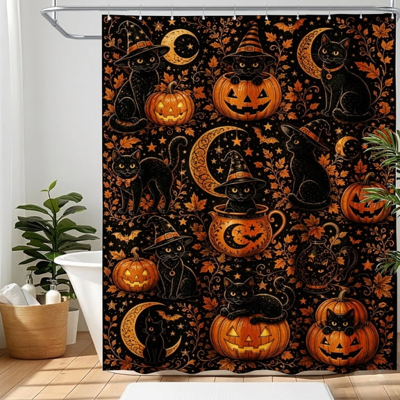 Amarainy Vintage Halloween Pumpkin Black Cat Shower Curtain, Moon Bat Spooky Retro Bathroom Decor, Waterproof Polyester Fabric