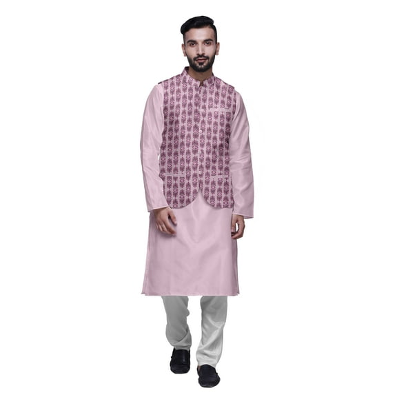 Atasi Kurta Solid Churidar Pajama & Printed Nehru Jacket Set For Mens Party Wear