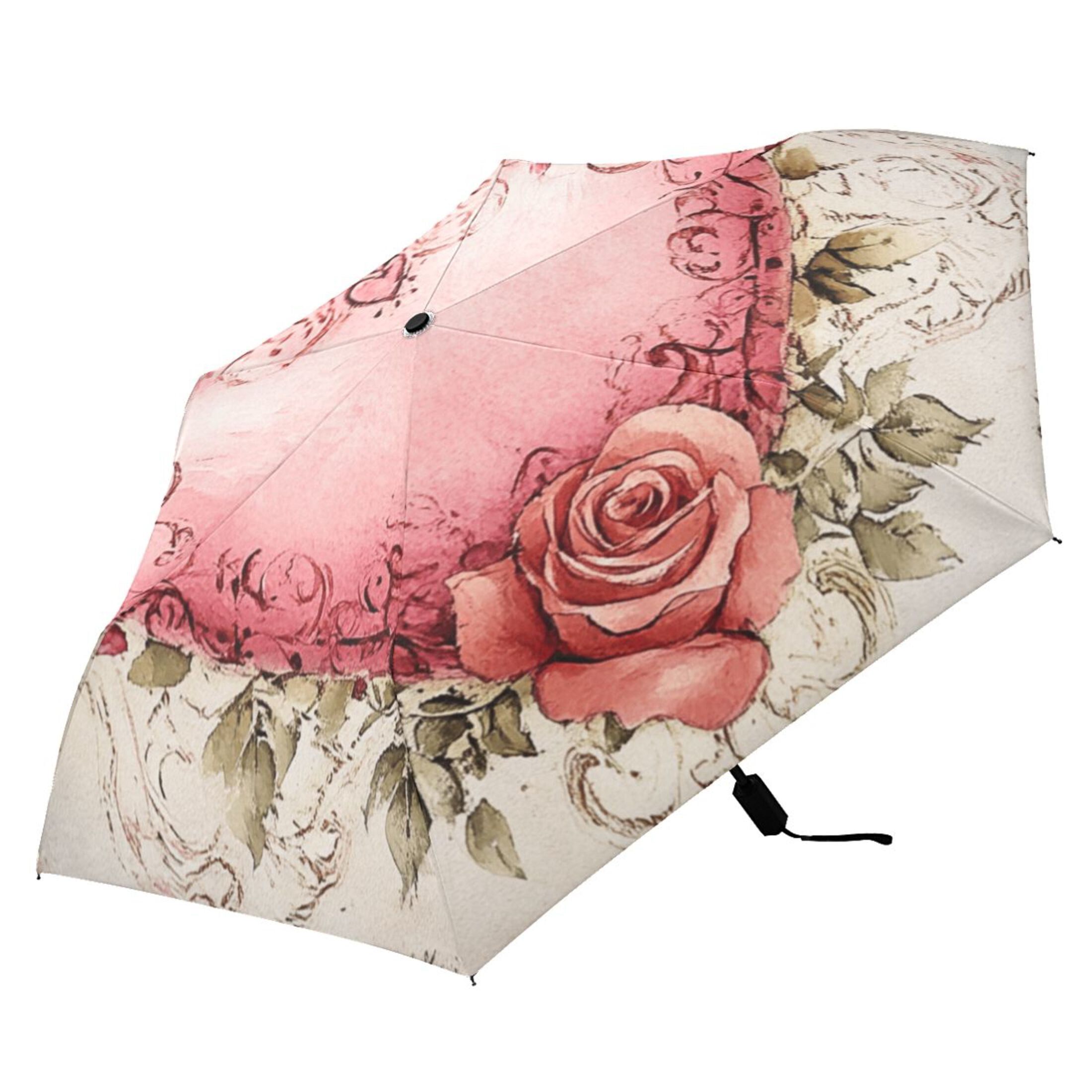 Beautiful Pink Heart with Roses Compact Sun Umbrella Windproof Travel Umbrellas for Rain Strong Portable UV Protection