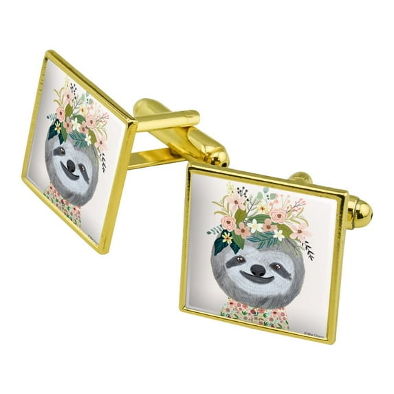 Happy Sloth Flowers in Hair Square Cufflink Set - Silver or Gold