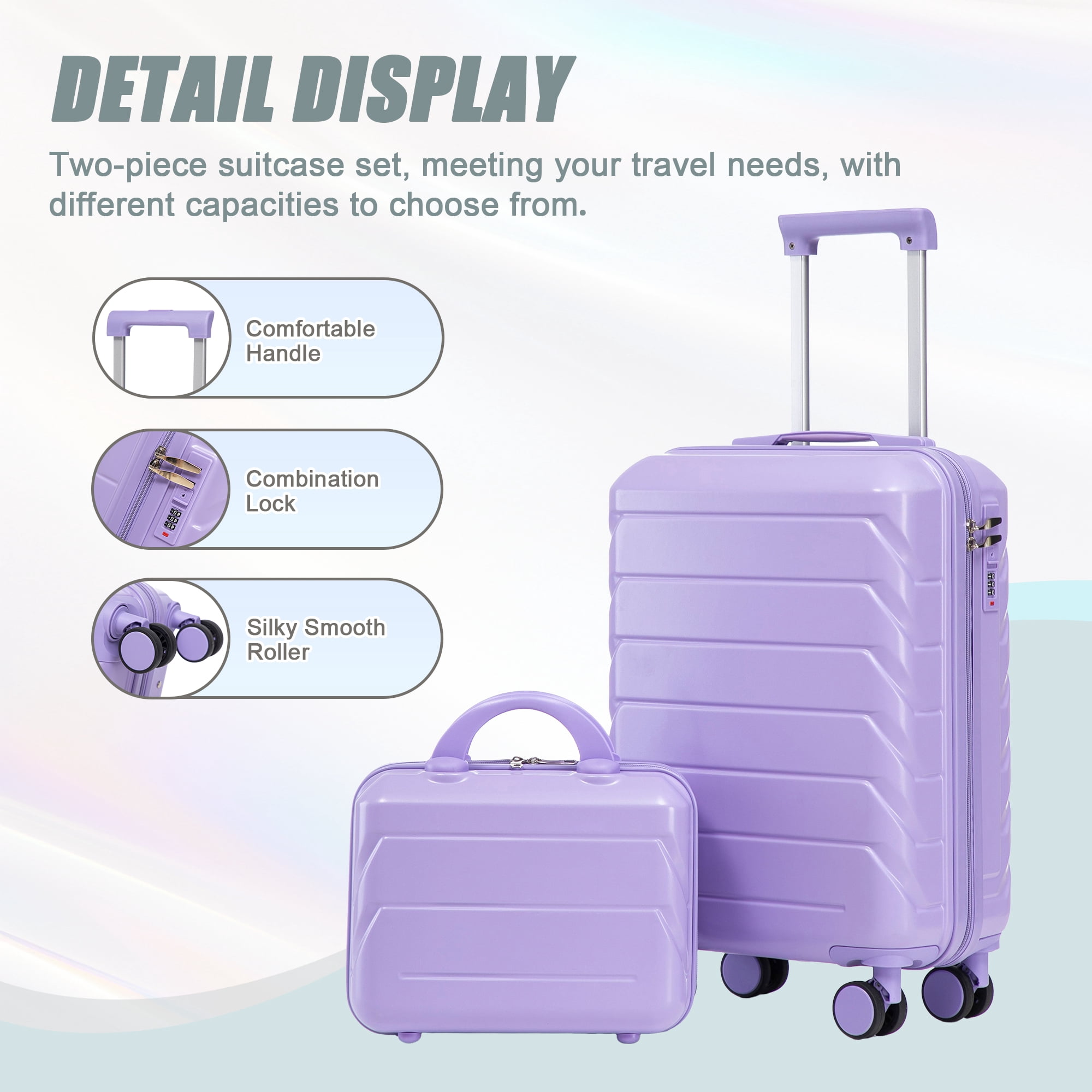 14"/20" 2 pcs/set in ABS Spinner Wheel Luggage, with Combination Lock,14" Cosmetic Case (Blue+Purple)