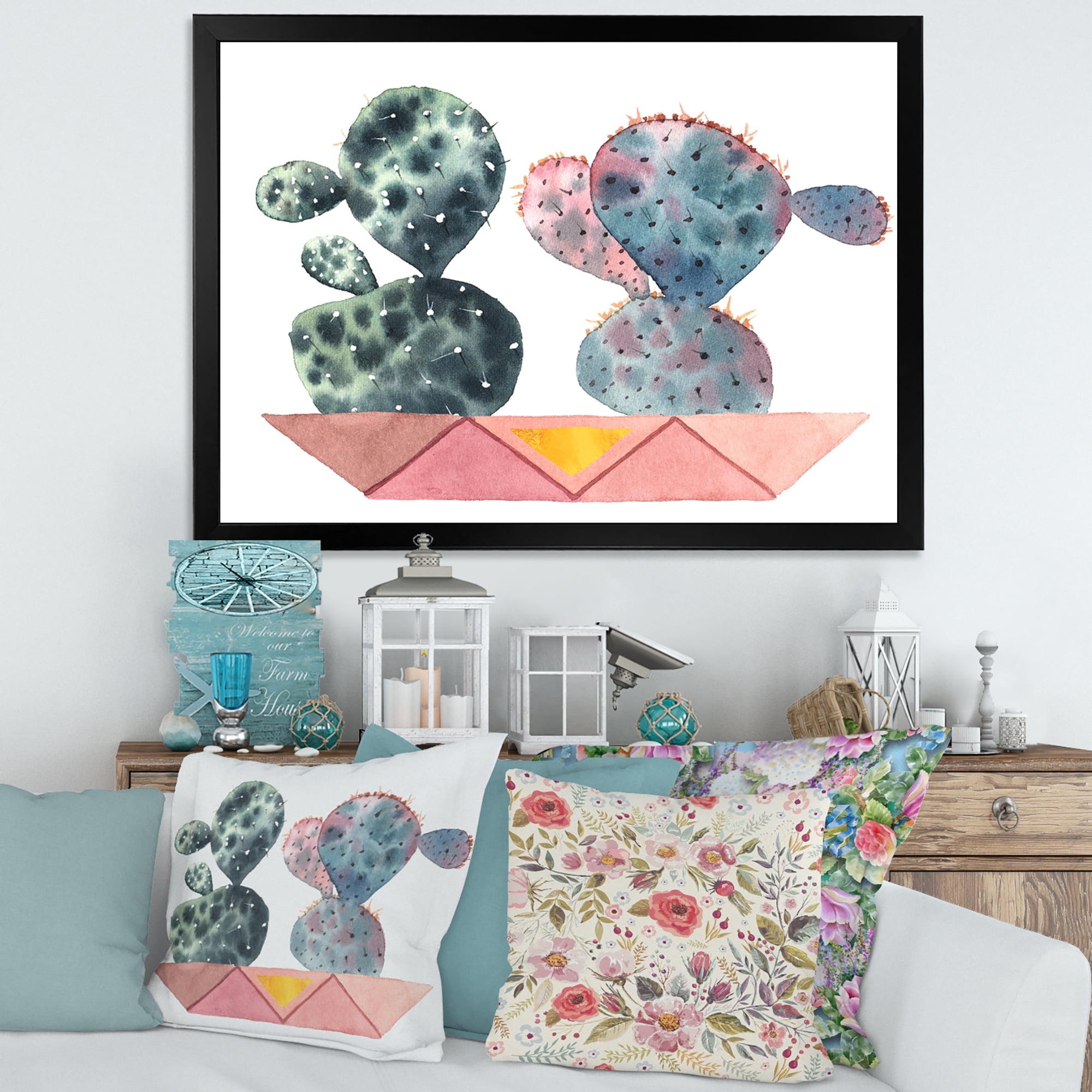 Designart 'Cactus Duo In Pink Pots Geometric' Modern Framed Art Print