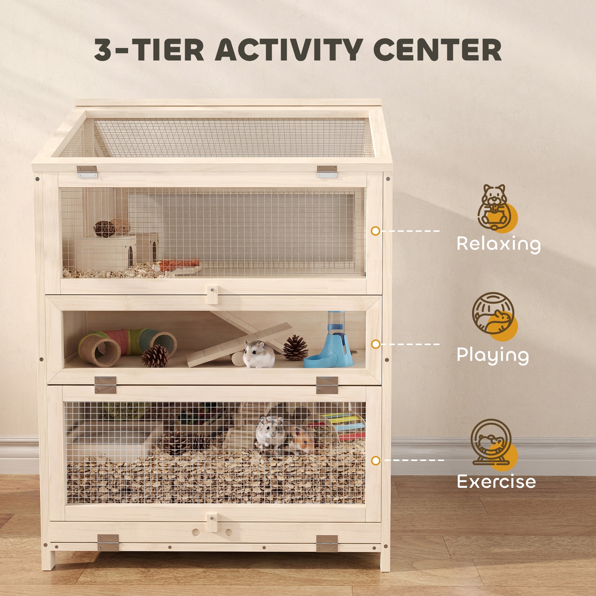 PawHut Wooden Hamster Cage, Large 3 Tier Hamster Cage with Pull-Out Tray, Hut, Seesaws, Ramps, 26.8" L x 24.2" W x 35.4" H