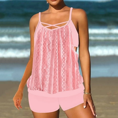 LEBONYARD Women s Two Piece Swimwear Mesh Cover Up Bikini Set Beach Party Women s Plus Size Conservative Lace Stitching Suit Swimming Trunks Split Swimsuit Suit Pink L