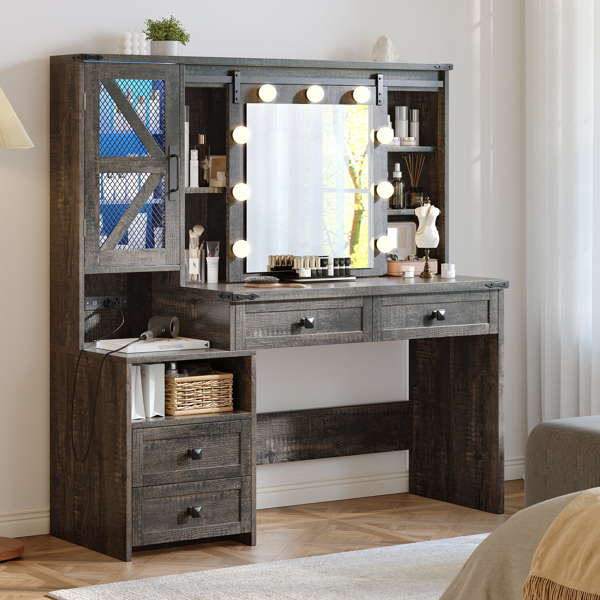 Farmhouse Makeup Vanity with Sliding Mirror & Lights Large Vanity Desk with Charge Station Dressing Table with 4 Drawers & 2 Cabinets, Dark Rustic Oak