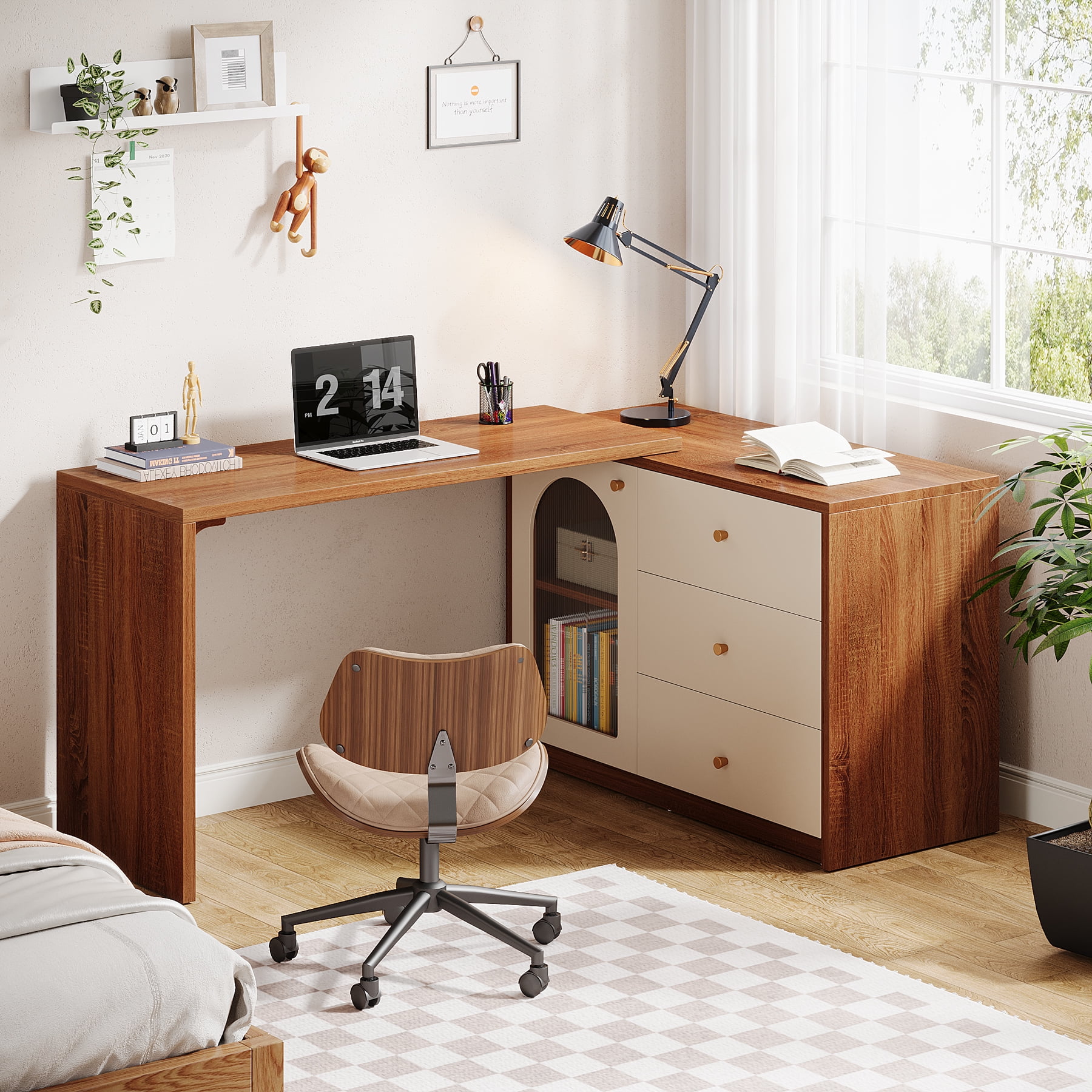 Tribesigns L Shaped Computer Desk with Drawers, Modern Corner Home Office Desk with Reversible Storage Cabinet, Rustic Brown & White, 1 Count