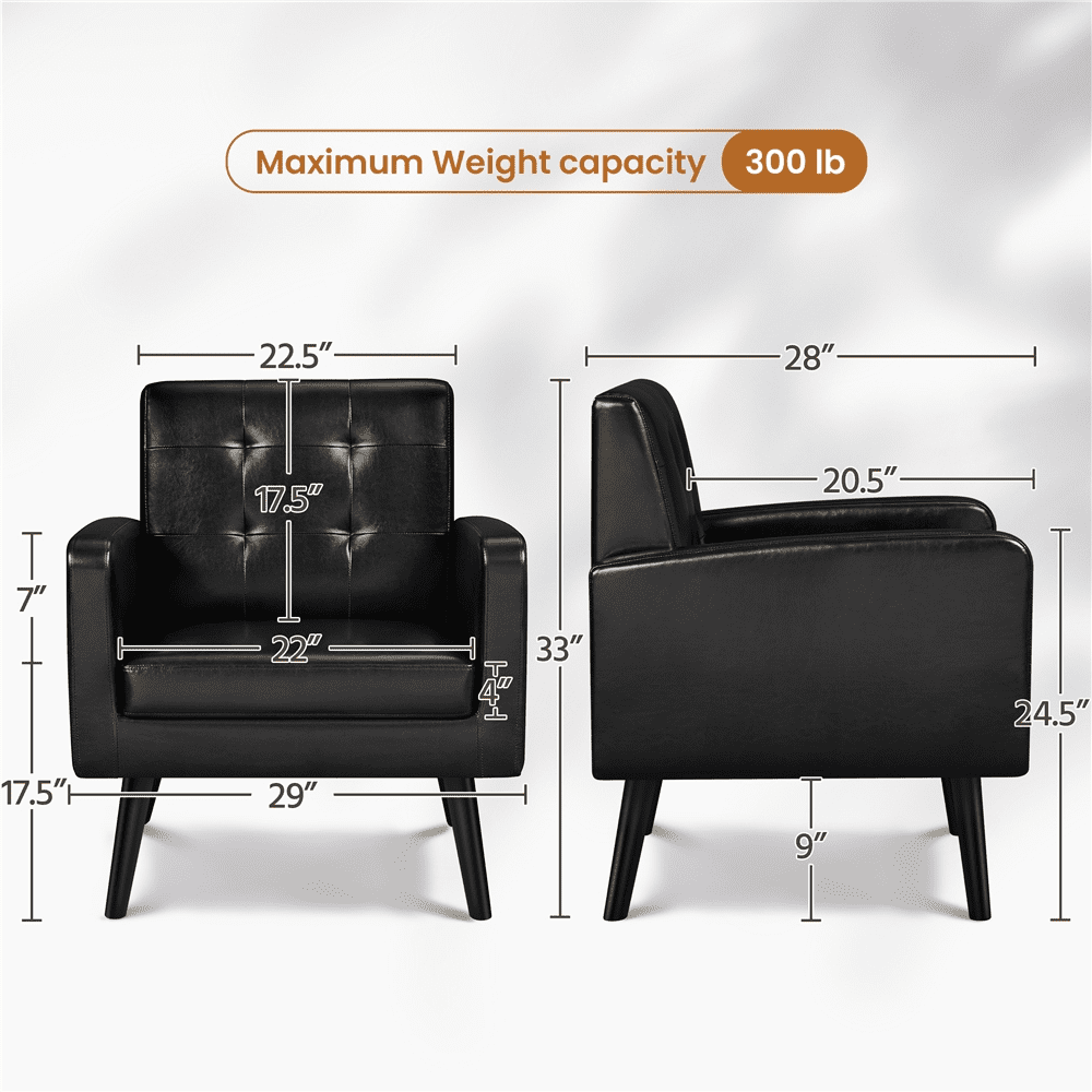 Alden Design Mid Century Modern Faux Leather Accent Chair with Solid Wood Legs, Set of 2, Black