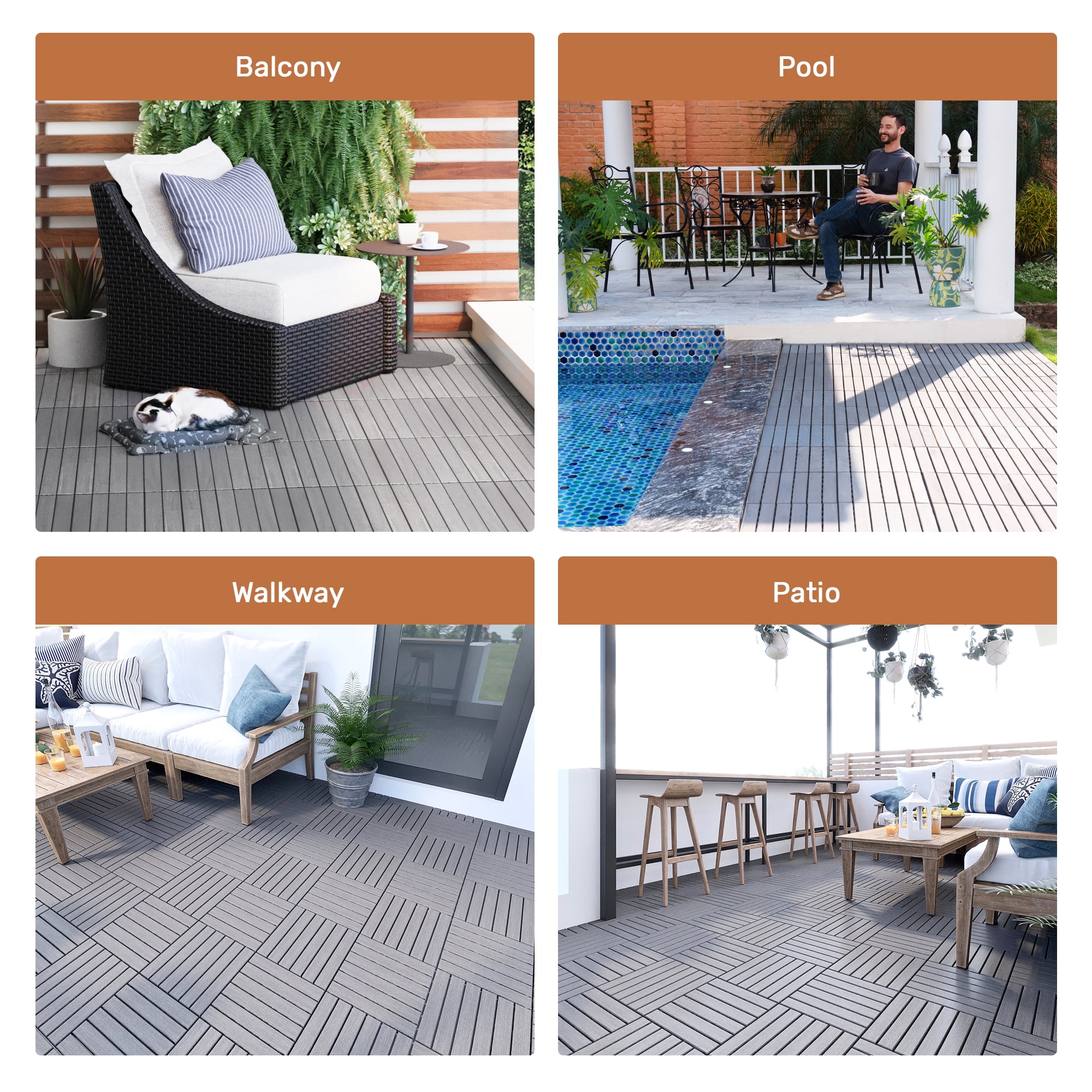 30-Pack Interlocking Deck Tiles,12" x 12" Striped Pattern Square Patio Tiles for Indoor Outdoor Use,Patio Floor Decking Tiles for Garden Lawn Porch Poolside Balcony,Light Gray