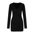 thumbnail image 4 of RYDCOT Long Sleeve Dress for Women Spring Summer Flowy Fashion Casual V Neck Solid Color Slim Fit Pleated Elegant Dresses Black, 4 of 7
