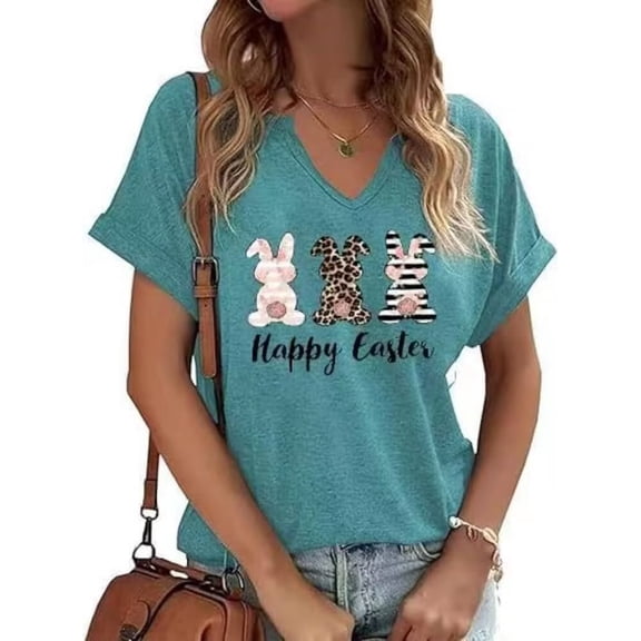 Beopjesk Womens Short Sleeve V Neck Happy Easter T Shirts Heart Lucky Shamrock Graphic Tees
