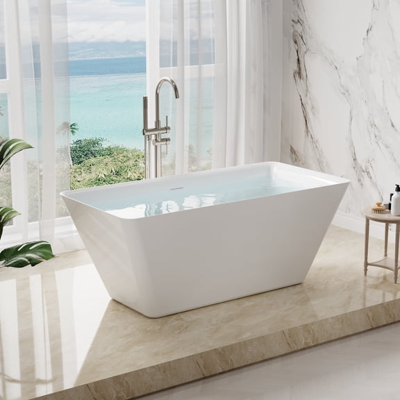 ANGELES HOME 60" Acrylic Freestanding Bathtub Contemporary Soaking Tub, Glossy White Acrylic Bathtub with White Bathtub Drain and Integrated Slotted Overflow, Predrilled Drain Holes
