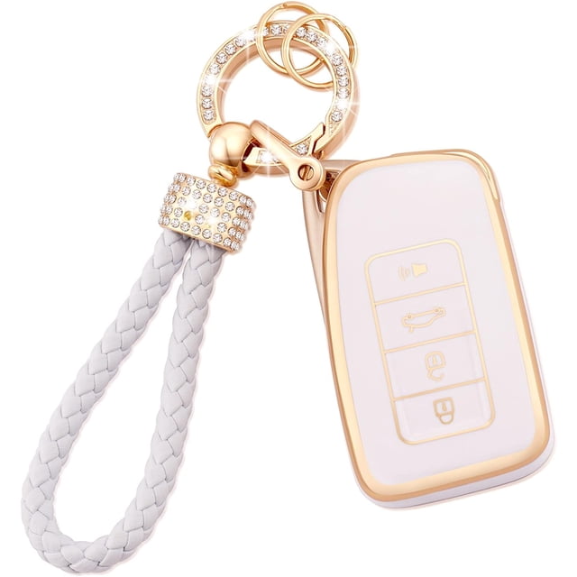 for Lexus Key Fob Cover Soft TPU Smart Car Key Shell Case for Lexus RX is ES GS LS NX RS GX LX LC 2 3 4 Buttons White Key Protector with Bling Leather Keychain,1,white
