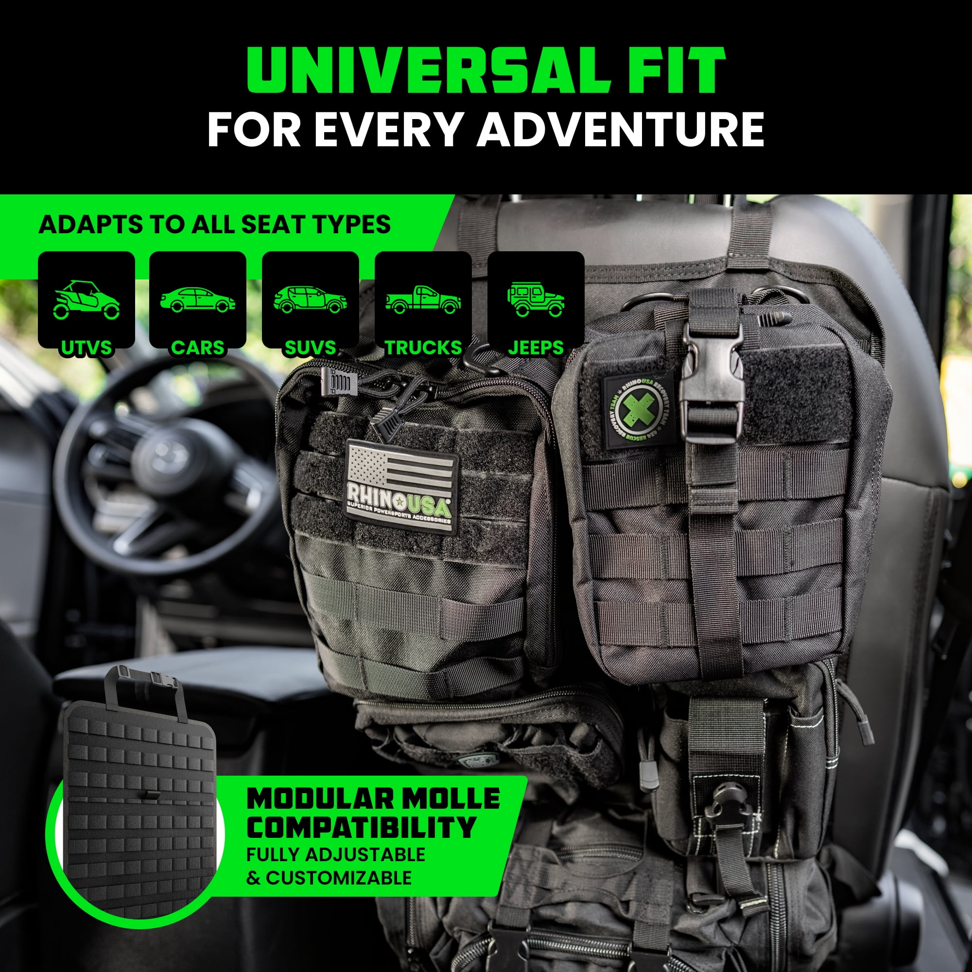 Rhino USA Tactical Car Seat Organizer w/ Multiple Pockets & Car Accessories for SUV, Truck, Car (Black)