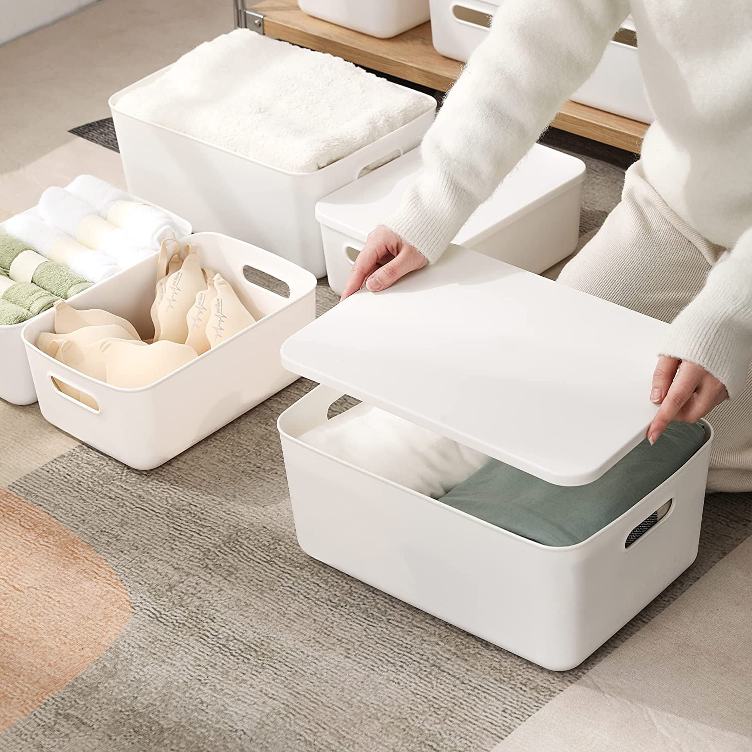 Plastic Storage Baskets with Lids White Organizer Bins for Shelves Drawers Desktop Playroom Classroom Office 3-Pack (M+2S)