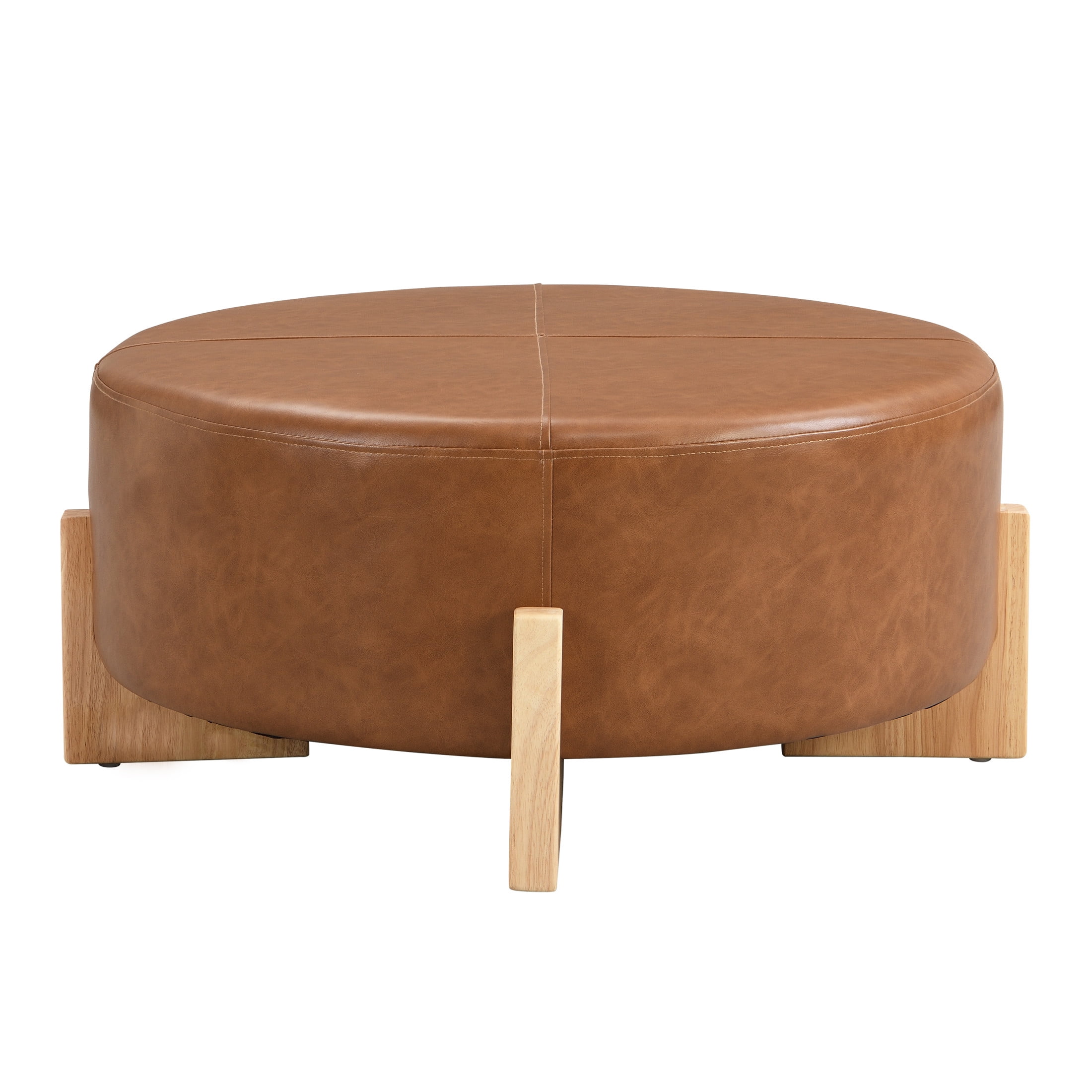 Christopher Knight Home Modern 34" Round PU Leather Ottoman with Solid Wood Legs, Multi-Functional Footstool & Coffee Table, Brown