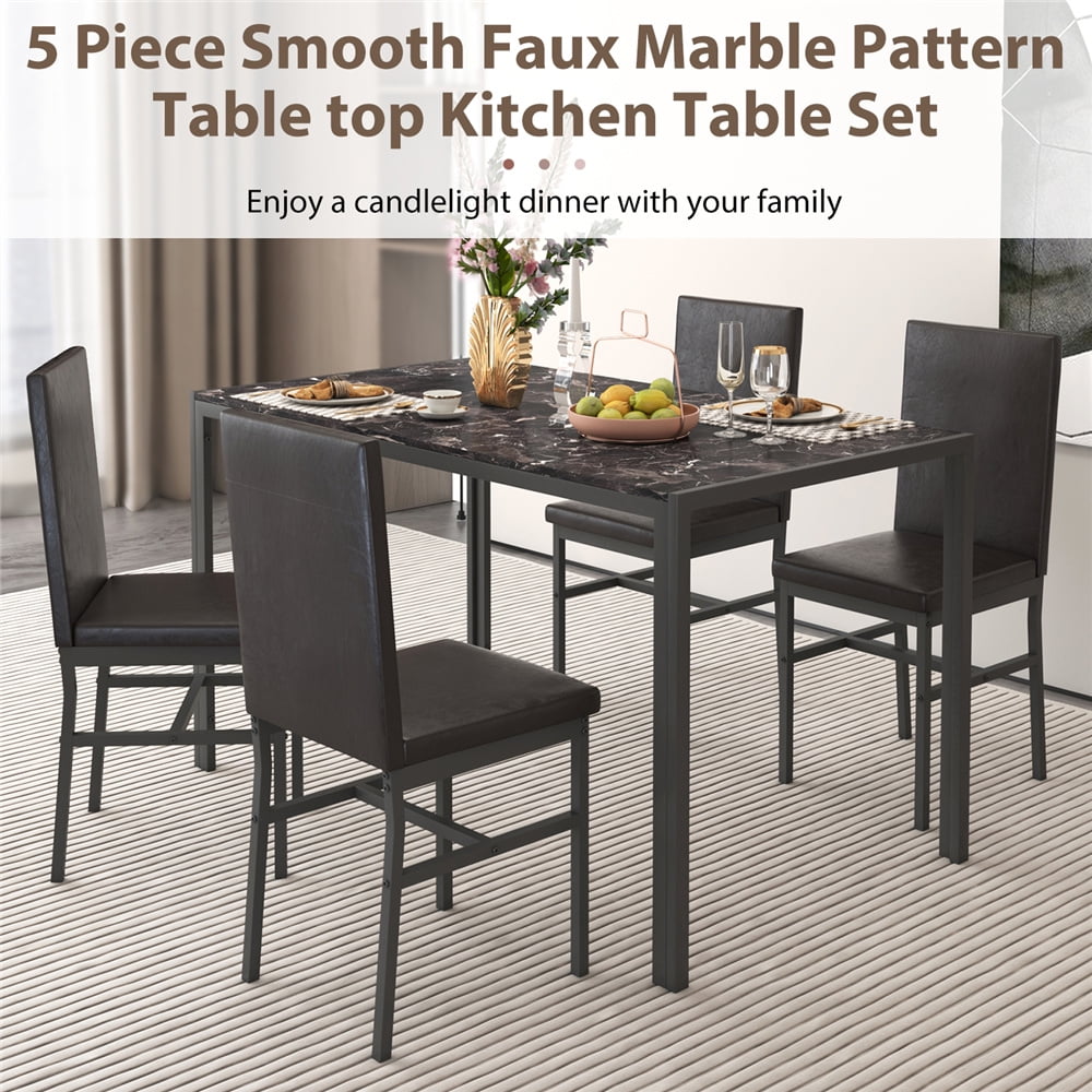 UHOMEPRO Dining Table Set for 4, 5 Piece Dining Room Table Set with Black PU Leather Chairs, Brown Faux Marble Pattern Rectangle Kitchen Table Set for Breakfast Nook Small Space