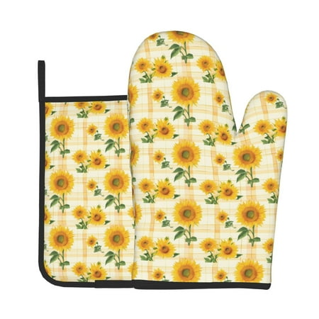 

Tebeau Yellow White Plaid Sunflower Print Oven Mitts and Pan Racks 2-Piece Set Kitchen Oven Mitts and Pan Racks Heat Resistant 500 °F for Baking and Cooking