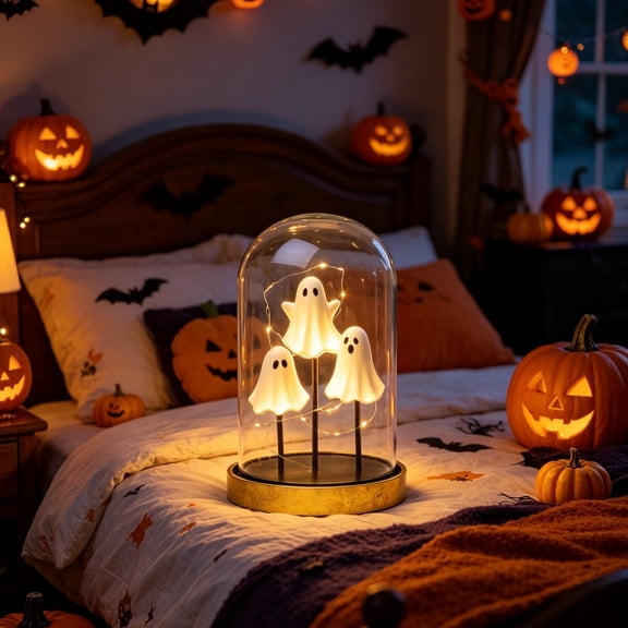 Halloween Light Up Ghost in Glass Cloche, Adopt 3 Ghosts in a Jar, Halloween Ghost Indoor Decorations, Cute Ghost with Light for Home Kitchen Mantel Tabletop Decor