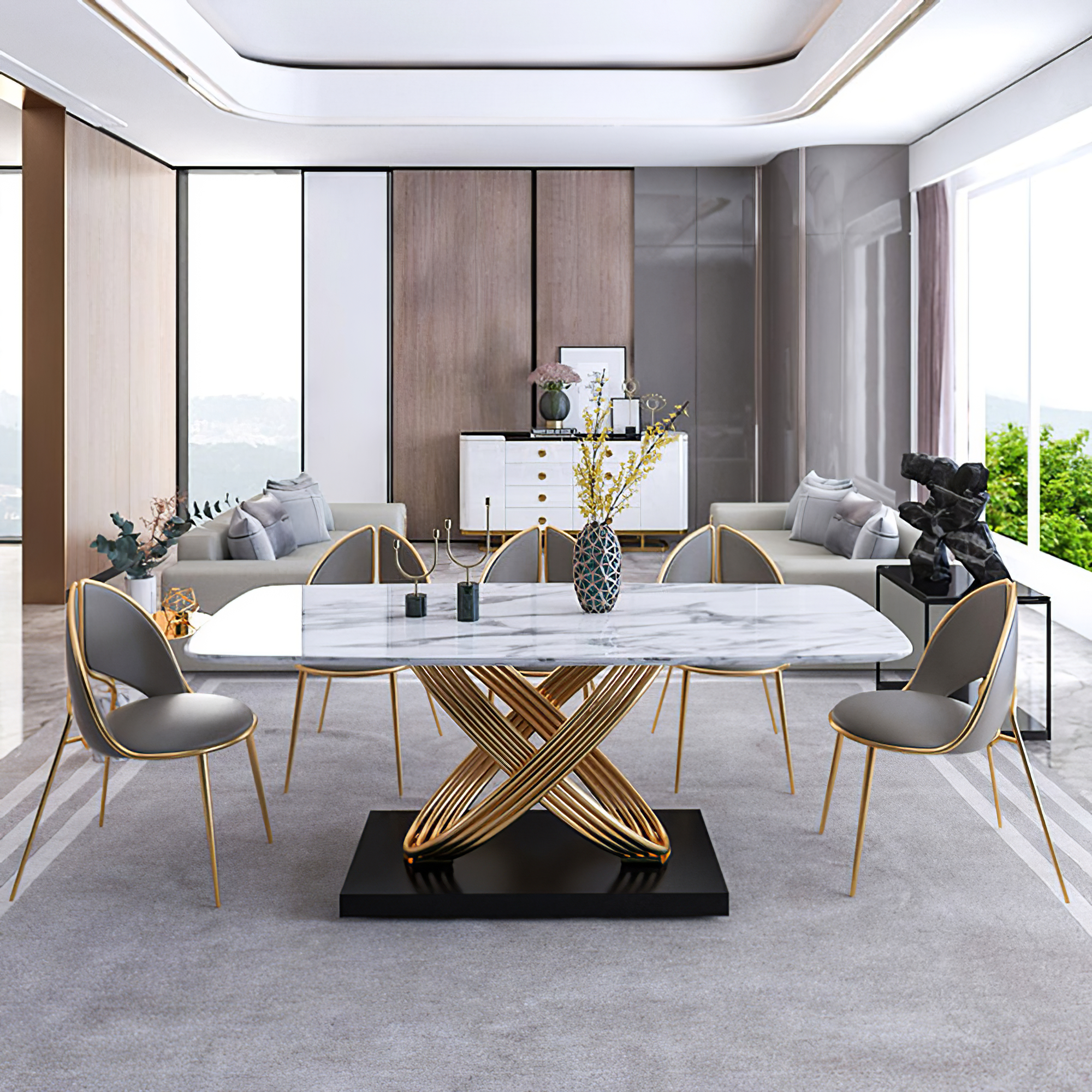 YITAHOME Marble 63"Dining Table with Gold Frame and Matt Black Carbon