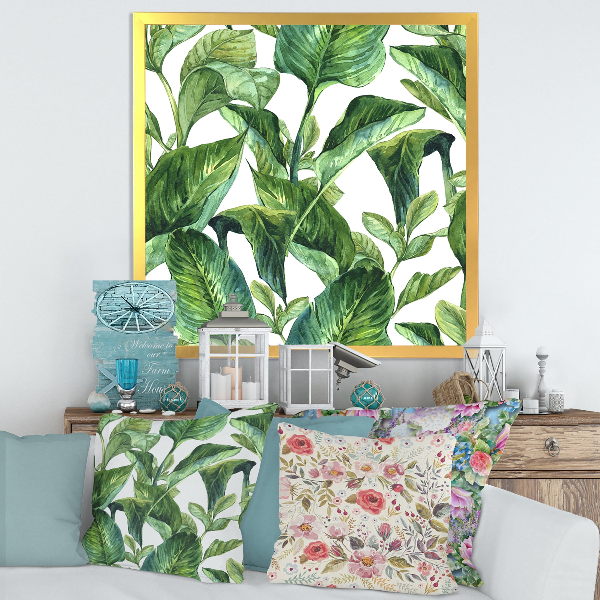 Designart 'Foliage Of Tropical Leaves On White' Tropical Framed Art Print