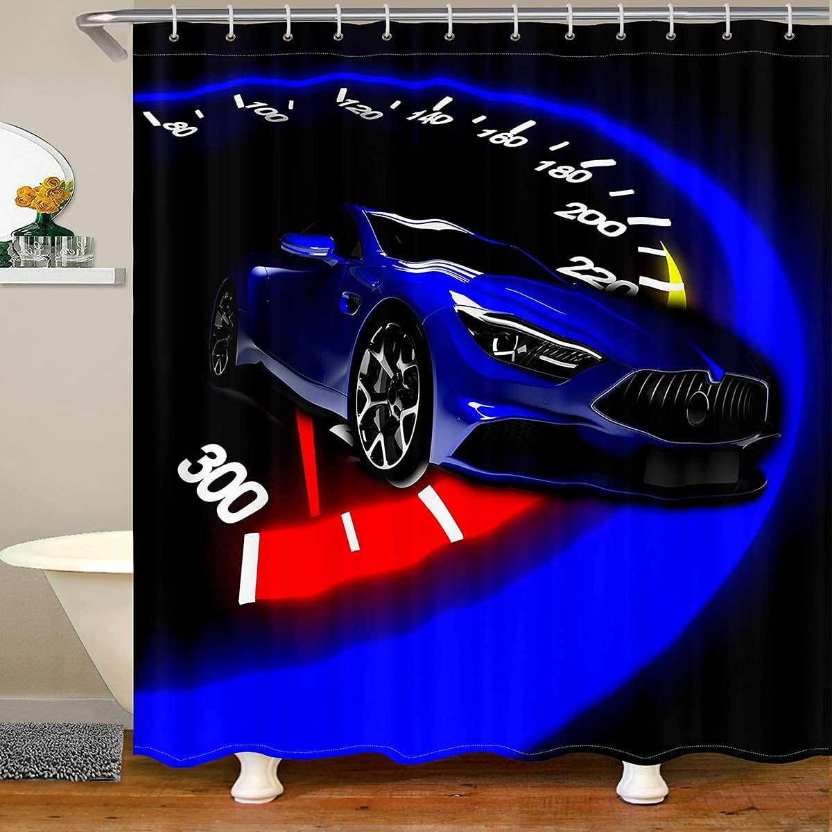 Navy Blue Race Car Shower Curtain 72"W x 72"L Extreme Sports Bathroom