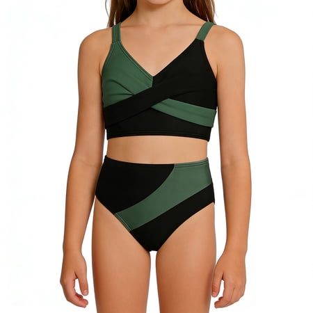 XAOFW Girl s Swimsuit Sets Patchwork Sleeveless V Neck Top And Bottom Tankini Swimsuits 2 Piece Swimwear Swimming Training And Lessons Comfortable Cozy Bathing Suit