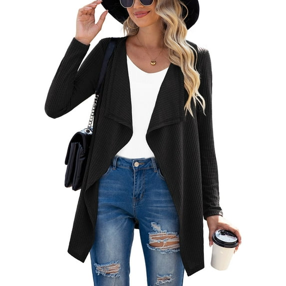 SHOWMALL Women's Lightweight Waffle Knit Cardigan Irregular Hem Waterfall Cardigan Long Sleeve Open Front Drape Cardigan, Black, US Size L