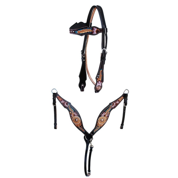 Horse Western Dreamcatcher Sunflower Tooled Headstall Bridle & Breast Collar Set 78FK09B