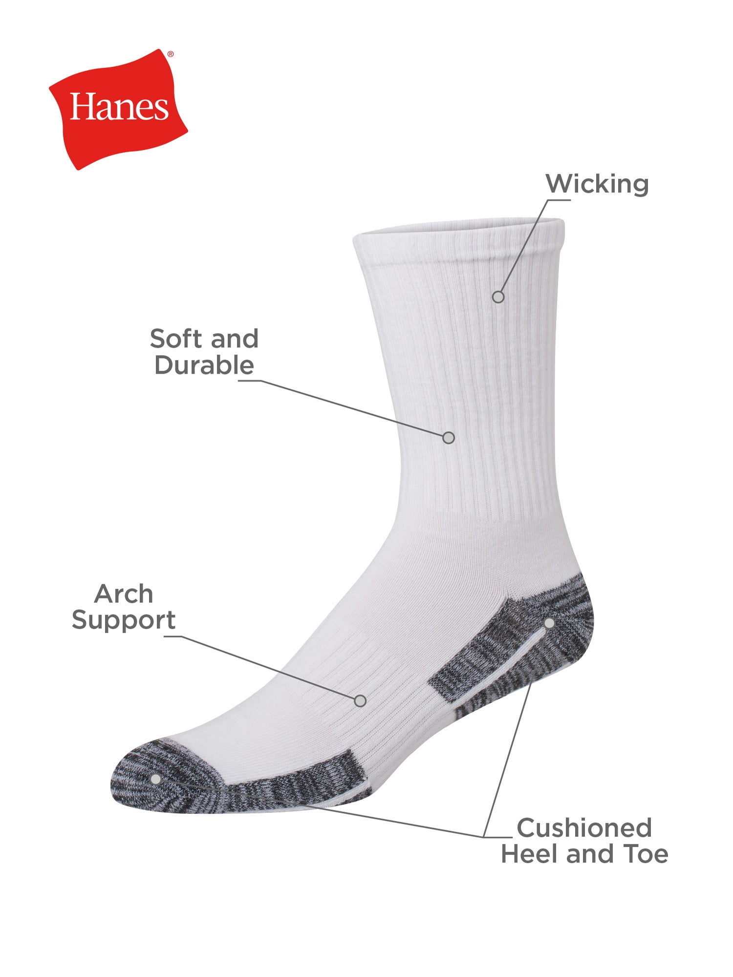 Hanes Originals Men's Moisture Wicking Crew Socks, 6-Pack