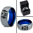 thumbnail image 4 of Tungsten Couple Family Two Child Holding Hands Band Ring 8mm Men Women Comfort Fit Blue Dome Brushed Gray Polished, 4 of 4
