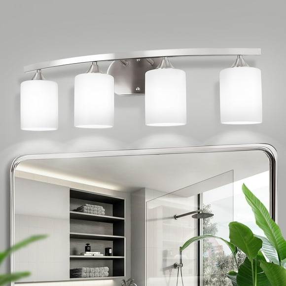 28 in. 4-Light Nickel Modern Cylinder Vanity Light for Bathroom, Bedroom with Curved Arms and Milk White Glass Shades