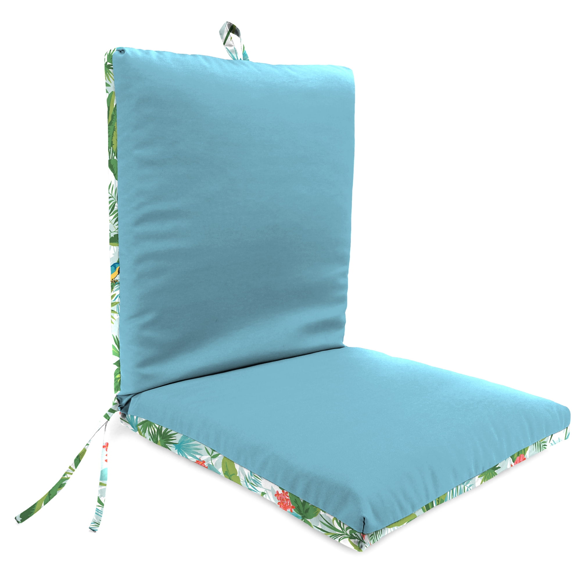 Jordan Manufacturing 44" x 21" Canvas Light Aqua Solid and Jabber Clover Multicolor Tropical Reversible Rectangular Outdoor Chair Cushion with Ties and Hanger Loop