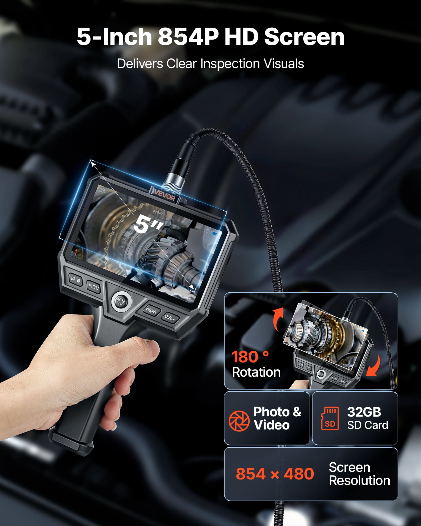 VEVOR Triple Lens Endoscope with Light, 5" HD IPS Screen Industrial Borescope Camera, 8 + 2 LED Lights, 8X Zoom, 5000mAh, IP67 Waterproof Inspection Snake Camera for Automotive, Plumbing(4.9FT Cable)